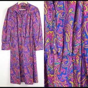 Vintage 70s Paisley Neon Rainbow midi Shirt Dress